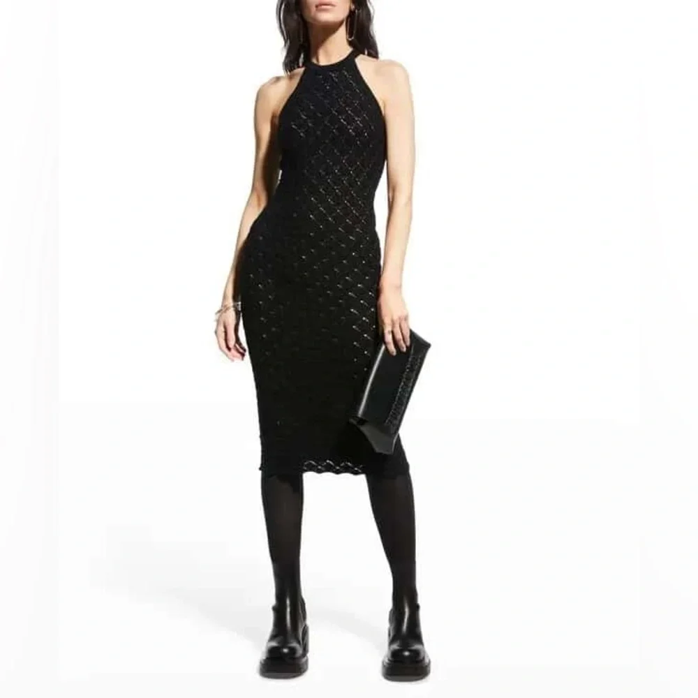 New! Alice + Olivia Lulu Halter Knit Neck Black Crochet Midi Dress 🖤 Medium NWT! - Picture 6 of 8